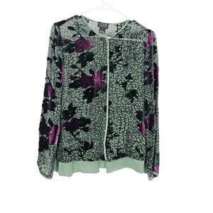 Citron Cardigan Green Burned Velvet Rose Floral Silk Sheer Art to Wear Size S